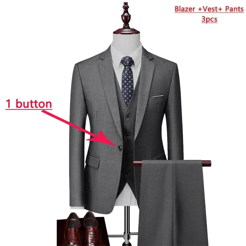 14 Color M-6XL ( Jacket   Vest Pants ) High-end Brand Formal Business Mens Suit Three-piece Groom Wedding Dress Solid Color Suit
