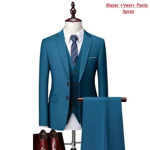 14 Color M-6XL ( Jacket   Vest Pants ) High-end Brand Formal Business Mens Suit Three-piece Groom Wedding Dress Solid Color Suit