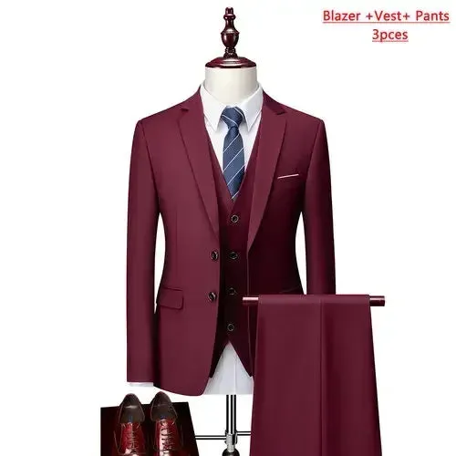 14 Color M-6XL ( Jacket   Vest Pants ) High-end Brand Formal Business Mens Suit Three-piece Groom Wedding Dress Solid Color Suit