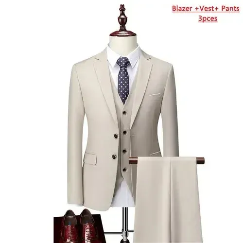 14 Color M-6XL ( Jacket   Vest Pants ) High-end Brand Formal Business Mens Suit Three-piece Groom Wedding Dress Solid Color Suit