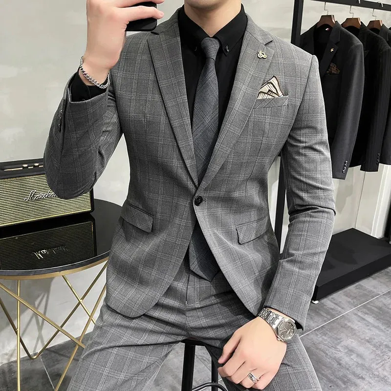 Bonsir ( Blazer   Pants ) New Formal Business Plaid Mens Suits Slim Formal Masculino Terno Tuxedo Groom Prom Wear 2 Pieces Set