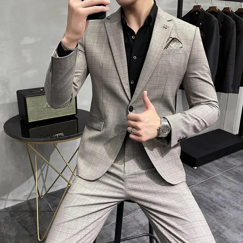 Bonsir ( Blazer   Pants ) New Formal Business Plaid Mens Suits Slim Formal Masculino Terno Tuxedo Groom Prom Wear 2 Pieces Set