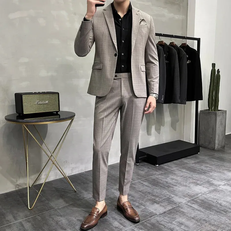 Bonsir ( Blazer   Pants ) New Formal Business Plaid Mens Suits Slim Formal Masculino Terno Tuxedo Groom Prom Wear 2 Pieces Set