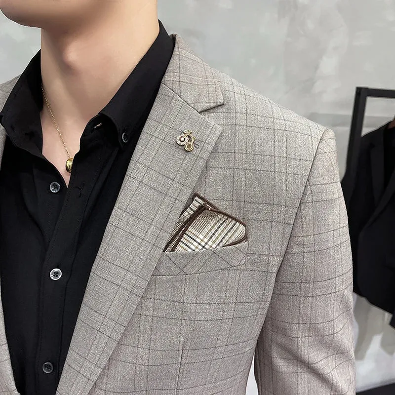 Bonsir ( Blazer   Pants ) New Formal Business Plaid Mens Suits Slim Formal Masculino Terno Tuxedo Groom Prom Wear 2 Pieces Set