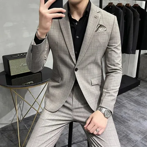 Bonsir ( Blazer   Pants ) New Formal Business Plaid Mens Suits Slim Formal Masculino Terno Tuxedo Groom Prom Wear 2 Pieces Set