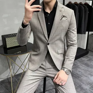 Bonsir ( Blazer   Pants ) New Formal Business Plaid Mens Suits Slim Formal Masculino Terno Tuxedo Groom Prom Wear 2 Pieces Set