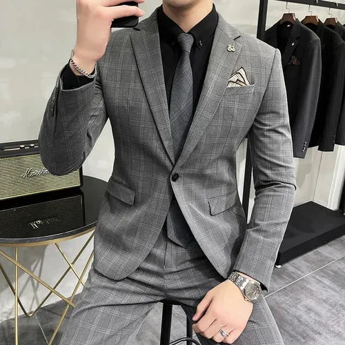 Bonsir ( Blazer   Pants ) New Formal Business Plaid Mens Suits Slim Formal Masculino Terno Tuxedo Groom Prom Wear 2 Pieces Set